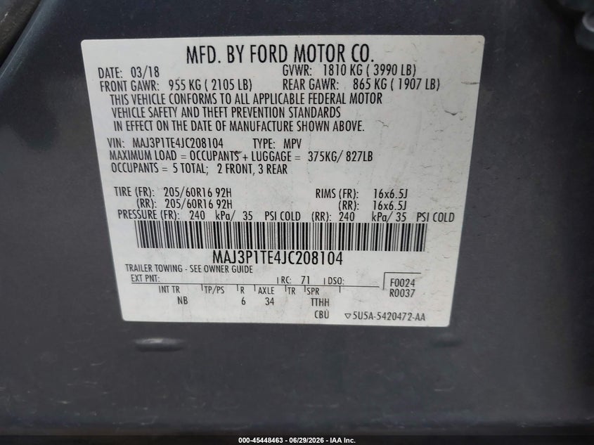 2018 Ford Ecosport VIN MAJ3P1TE4JC208104 IAAI salvage auction — FRONT END, Salvage Title, sold $1,450 on 2026-07-10 (photo 9)