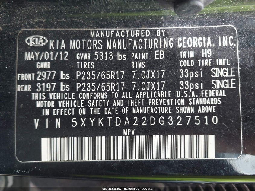 2013 Kia Sorento VIN 5XYKTDA22DG327510 IAAI salvage auction — FRONT & REAR, Original (Ohio), sold $1,100 on 2026-07-16 (photo 9)