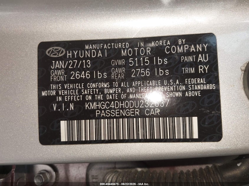 2013 Hyundai Genesis VIN KMHGC4DH0DU232637 IAAI salvage auction — NORMAL WEAR, Salvage (Florida), sold $1,100 on 2026-07-09 (photo 9)