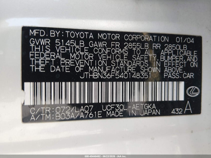 2004 Lexus Ls 430 VIN JTHBN36F540148351 IAAI salvage auction — RIGHT SIDE, Salvage (Nevada), sold $100 on 2026-07-10 (photo 9)