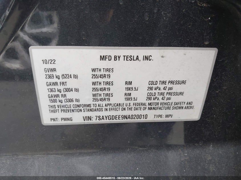 2022 Tesla Model y VIN 7SAYGDEE9NA020010 IAAI salvage auction — LEFT FRONT, Salvage Certificate (California), sold $9,700 on 2026-07-08 (photo 9)