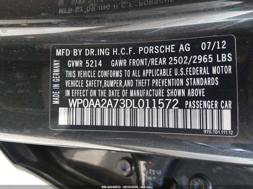 2013 Porsche Panamera VIN WP0AA2A73DL011572 IAAI salvage auction — RIGHT REAR, Salvage Title, sold $6,350 on 2026-07-23 (photo 9)