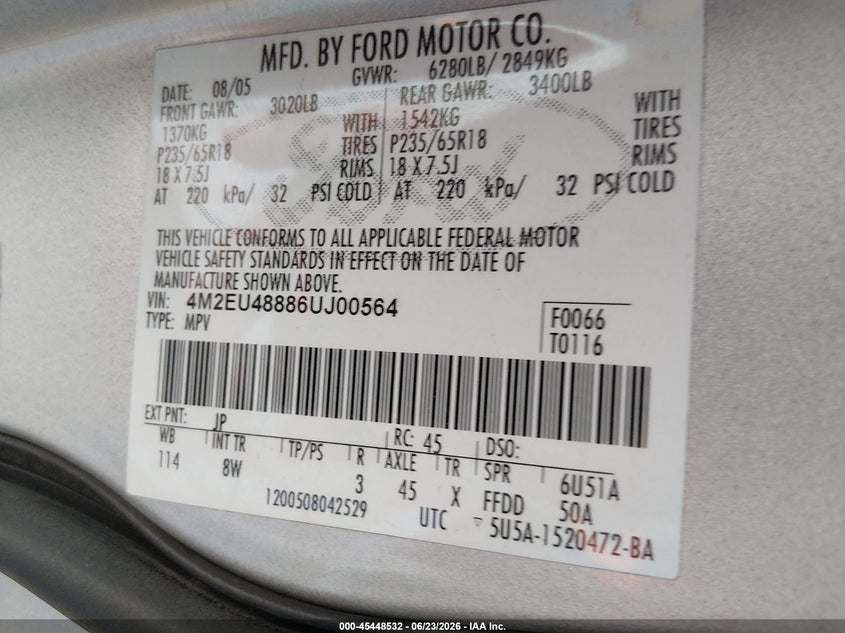 2006 Mercury Mountaineer VIN 4M2EU48886UJ00564 IAAI salvage auction — NORMAL WEAR, Original (Texas), sold $375 on 2026-07-20 (photo 9)