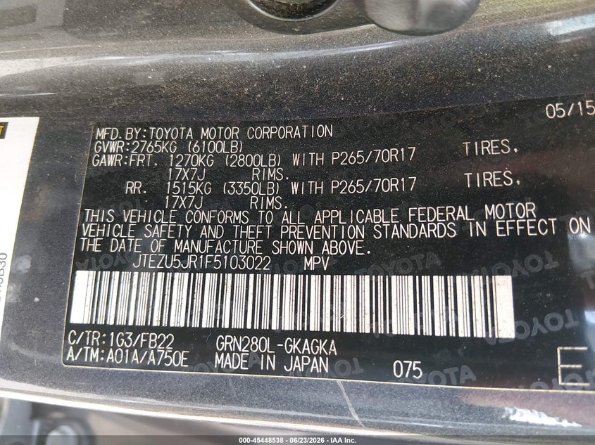 2015 Toyota 4runner VIN JTEZU5JR1F5103022 IAAI salvage auction — FRONT END, Salvage (Louisiana), sold $7,800 on 2026-07-27 (photo 9)