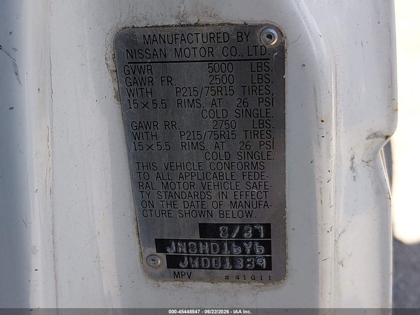 1988 Nissan Pathfinder VIN JN8HD16Y6JW001389 IAAI salvage auction — NORMAL WEAR, Clear-Dealer Only (Arizona), sold $375 on 2026-07-29 (photo 9)