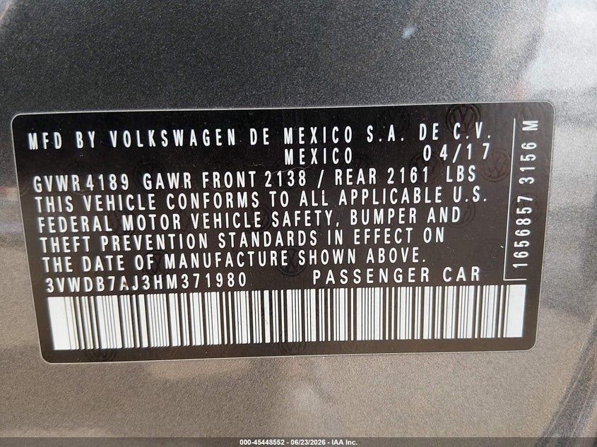2017 Volkswagen Jetta VIN 3VWDB7AJ3HM371980 IAAI salvage auction — REAR END, Salvage (Louisiana), sold $2,200 on 2026-07-10 (photo 9)