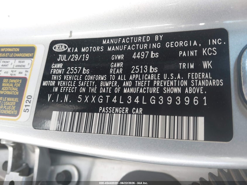 2020 Kia Optima VIN 5XXGT4L34LG393961 IAAI salvage auction — RIGHT REAR, Salvage (California), sold $1,850 on 2026-07-28 (photo 9)