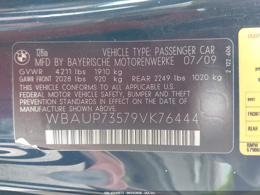 2009 BMW 1er VIN WBAUP73579VK76444 IAAI salvage auction — NORMAL WEAR, Clear (Alabama), sold $250 on 2026-07-23 (photo 9)