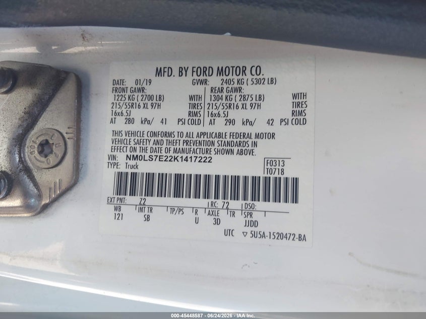 2019 Ford Transit VIN NM0LS7E22K1417222 IAAI salvage auction — RIGHT FRONT, Clear (California), sold $2,075 on 2026-07-29 (photo 9)