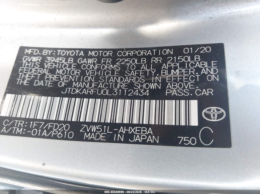 2020 Toyota Prius VIN JTDKARFU0L3112434 IAAI salvage auction — FRONT & REAR, Salvage (California), sold $7,225 on 2026-07-14 (photo 9)