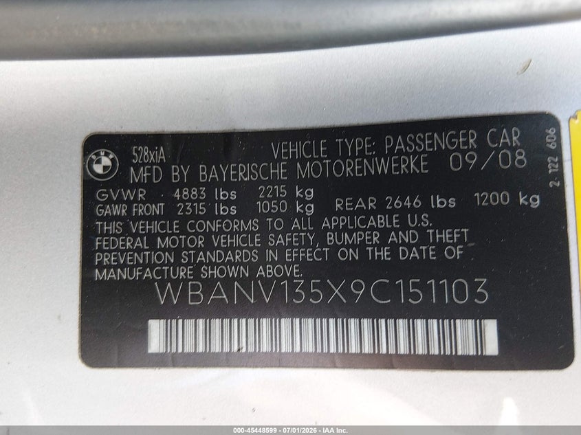 2009 BMW 5 series VIN WBANV135X9C151103 IAAI salvage auction — NORMAL WEAR, Clear (Utah), sold $100 on 2026-07-24 (photo 9)