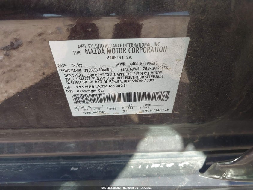 2009 Mazda 6 VIN 1YVHP81A395M12833 IAAI salvage auction — FRONT END, Clear (Texas), sold $25 on 2026-07-09 (photo 9)
