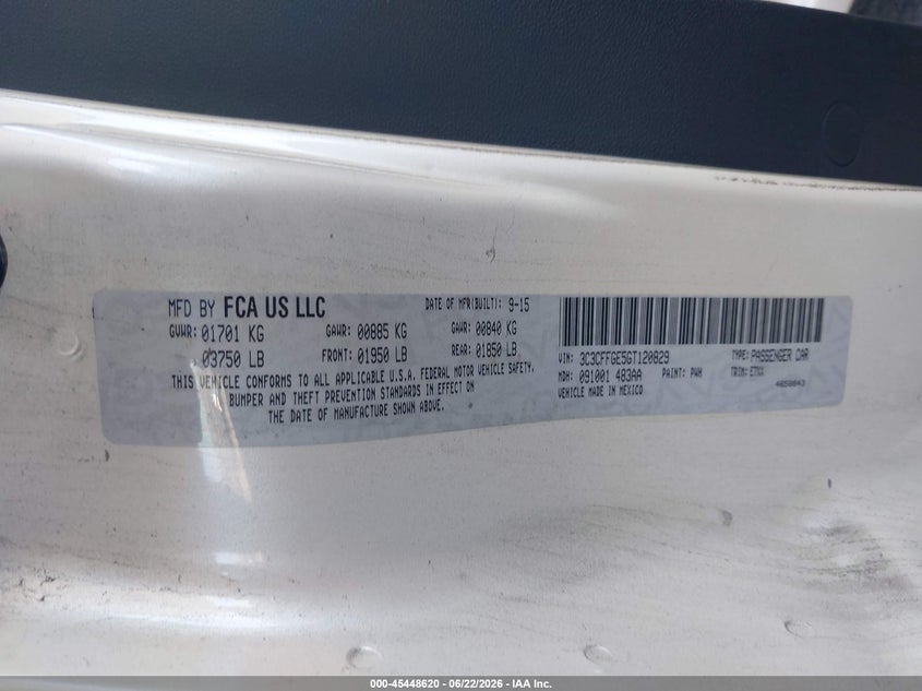 2016 Fiat VIN 3C3CFFGE5GT120829 IAAI salvage auction — REAR END, Salvage (California), sold $750 on 2026-07-11 (photo 9)