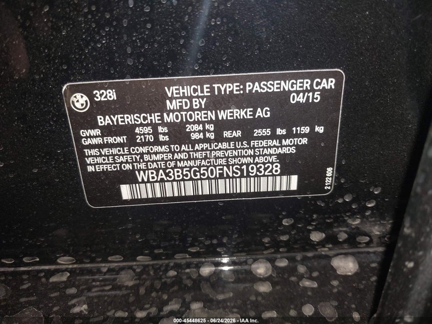2015 BMW 3er VIN WBA3B5G50FNS19328 IAAI salvage auction — FRONT END, Salvage Title, sold $1,100 on 2026-08-18 (photo 9)