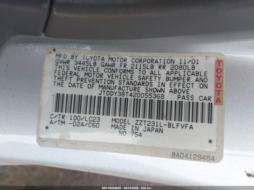 2002 Toyota Celica VIN JTDDY38T420055368 IAAI salvage auction — VANDALISM, Bill Of Sale (Washington), sold $1,500 on 2026-07-08 (photo 9)