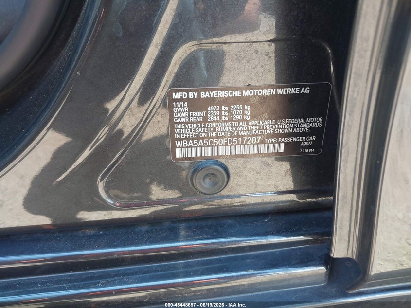2015 BMW 5er VIN WBA5A5C50FD517207 IAAI salvage auction — RIGHT FRONT, Salvage (Hawaii), sold $3,300 on 2026-08-04 (photo 9)