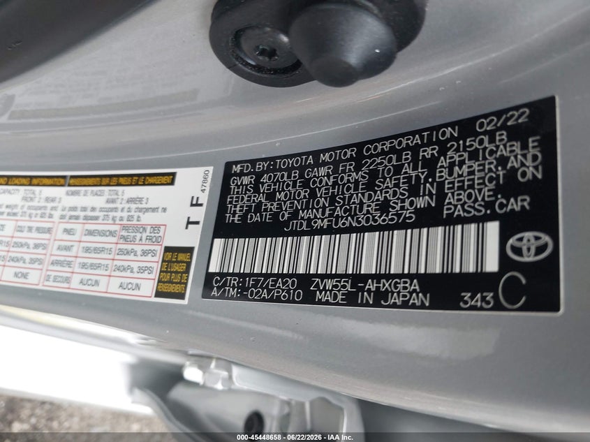 2022 Toyota Prius VIN JTDL9MFU6N3036575 IAAI salvage auction — REAR END, Salvage (Massachusetts), sold $1,150 on 2026-07-24 (photo 9)