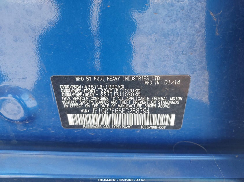 2014 Subaru Impreza wrx VIN JF1GR7E65EG268394 IAAI salvage auction — LEFT FRONT, Salvage Title, sold $2,350 on 2026-07-22 (photo 9)