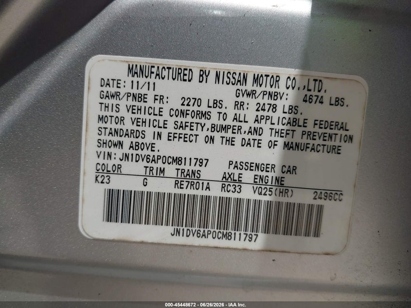 2012 Infiniti G VIN JN1DV6AP0CM811797 IAAI salvage auction — REAR END, Salvage (Texas), sold $25 on 2026-07-16 (photo 9)