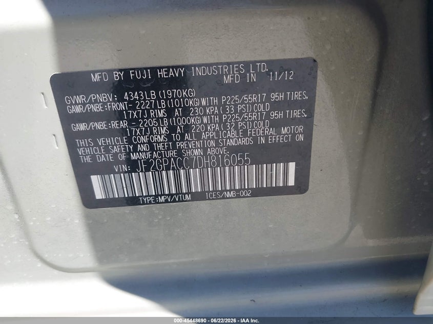2013 Subaru VIN JF2GPACC7DH816055 IAAI salvage auction — NORMAL WEAR, Salvage Title, sold $875 on 2026-07-21 (photo 9)