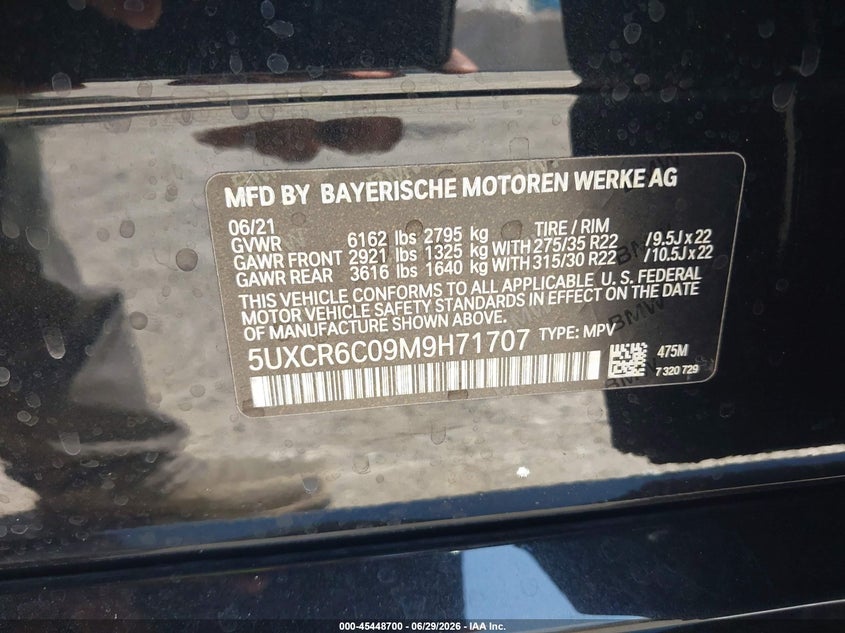 2021 BMW X5 VIN 5UXCR6C09M9H71707 IAAI salvage auction — FRONT END, Rebuildable (Florida), sold $23,900 on 2026-07-10 (photo 9)
