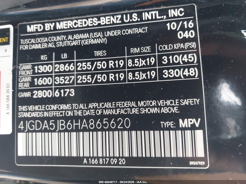 2017 Mercedes-benz Gle VIN 4JGDA5JB6HA865620 IAAI salvage auction — RIGHT FRONT, Clear (South Carolina), sold $6,000 on 2026-07-19 (photo 9)