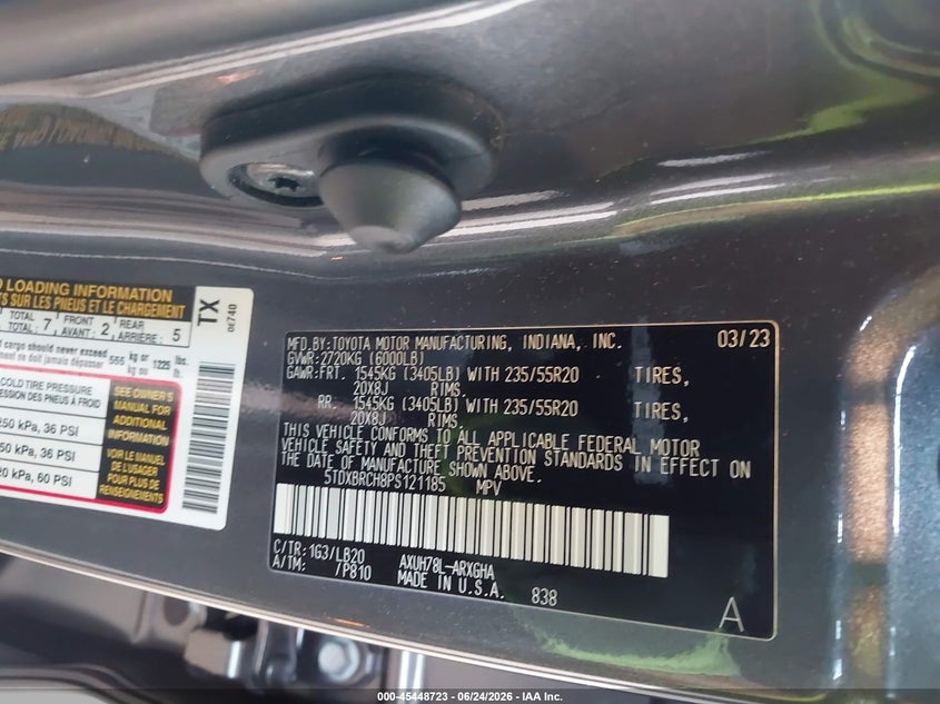 2023 Toyota Highlander VIN 5TDXBRCH8PS121185 IAAI salvage auction — FRONT END, Salvage Title, sold $20,100 on 2026-07-12 (photo 9)