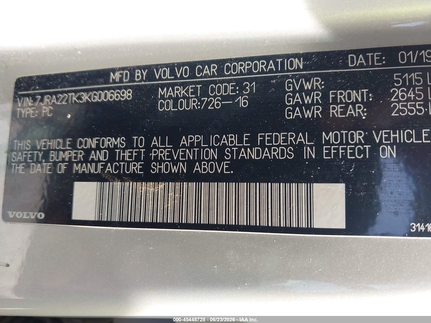2019 Volvo S60 VIN 7JRA22TK3KG006698 IAAI salvage auction — WATER/FLOOD, Salvage Title, sold $2,500 on 2026-08-29 (photo 9)