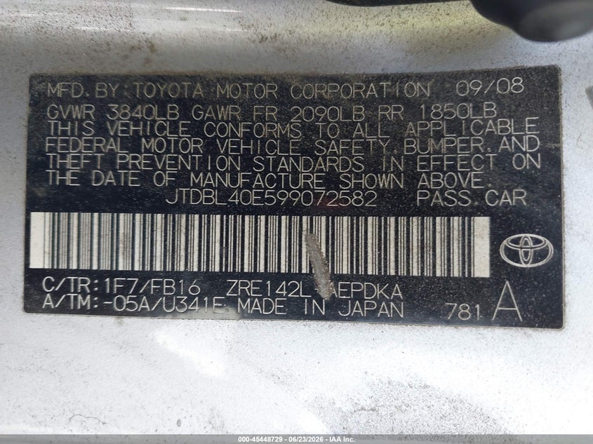 2009 Toyota Corolla VIN JTDBL40E599072582 IAAI salvage auction — ROOF, Salvage (Georgia), sold $1,850 on 2026-07-29 (photo 9)