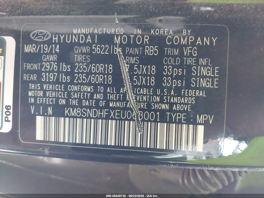 2014 Hyundai Santa fe VIN KM8SNDHFXEU063001 IAAI salvage auction — NORMAL WEAR, Clear-Dealer Only (North Carolina), sold $1,900 on 2026-07-13 (photo 9)