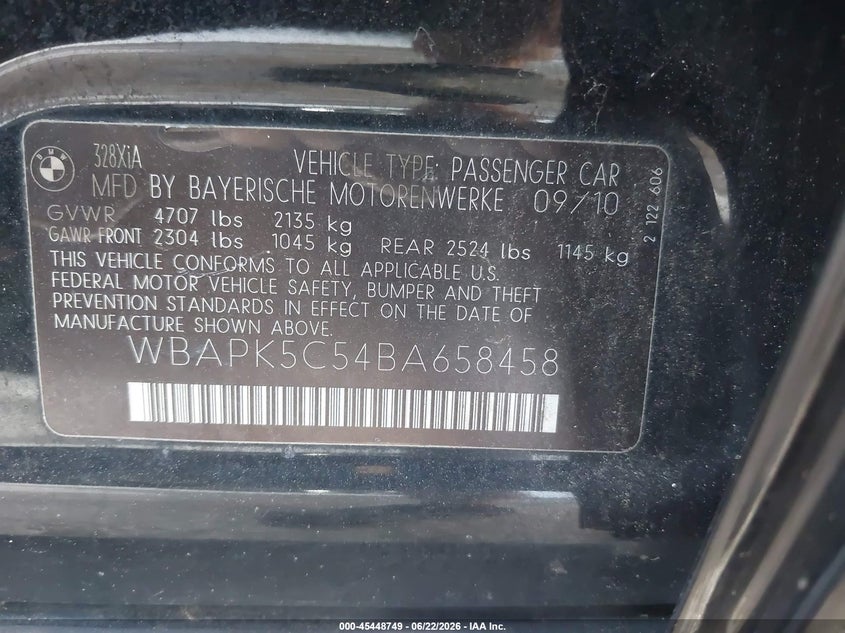 2011 BMW 3 series VIN WBAPK5C54BA658458 IAAI salvage auction — ENGINE DAMAGE, Clear (Florida), sold $275 on 2026-07-15 (photo 9)