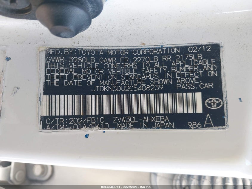 2012 Toyota Prius VIN JTDKN3DU2C5408239 IAAI salvage auction — RIGHT SIDE, Salvage (California), sold $1,550 on 2026-07-15 (photo 9)