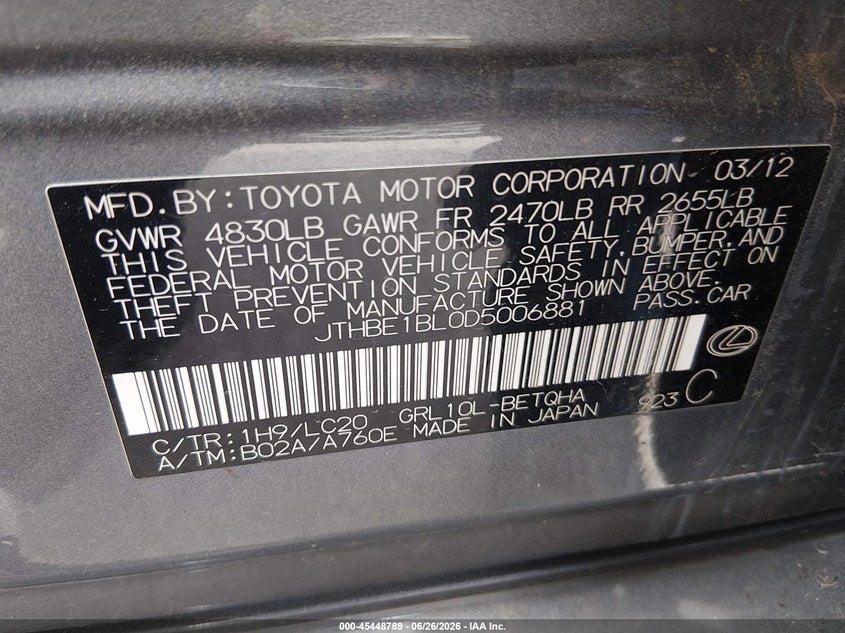 2013 Lexus Gs VIN JTHBE1BL0D5006881 IAAI salvage auction — NORMAL WEAR, Original (Texas), sold $800 on 2026-07-13 (photo 9)