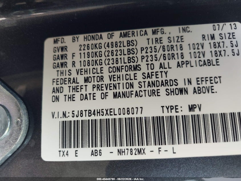 2014 Acura Rdx VIN 5J8TB4H5XEL008077 IAAI salvage auction — FRONT END, Salvage Title, sold $3,450 on 2026-09-02 (photo 9)