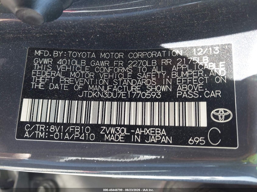 2014 Toyota Prius VIN JTDKN3DU7E1770593 IAAI salvage auction — SIDE, Non-Repairable (California), sold $1,525 on 2026-07-14 (photo 9)