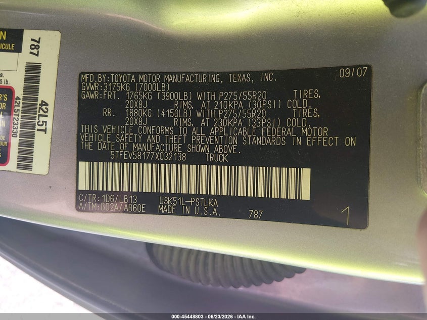 2007 Toyota Tundra VIN 5TFEV58177X032138 IAAI salvage auction — FRONT END, Salvage (Louisiana), sold $1,500 on 2026-07-29 (photo 9)