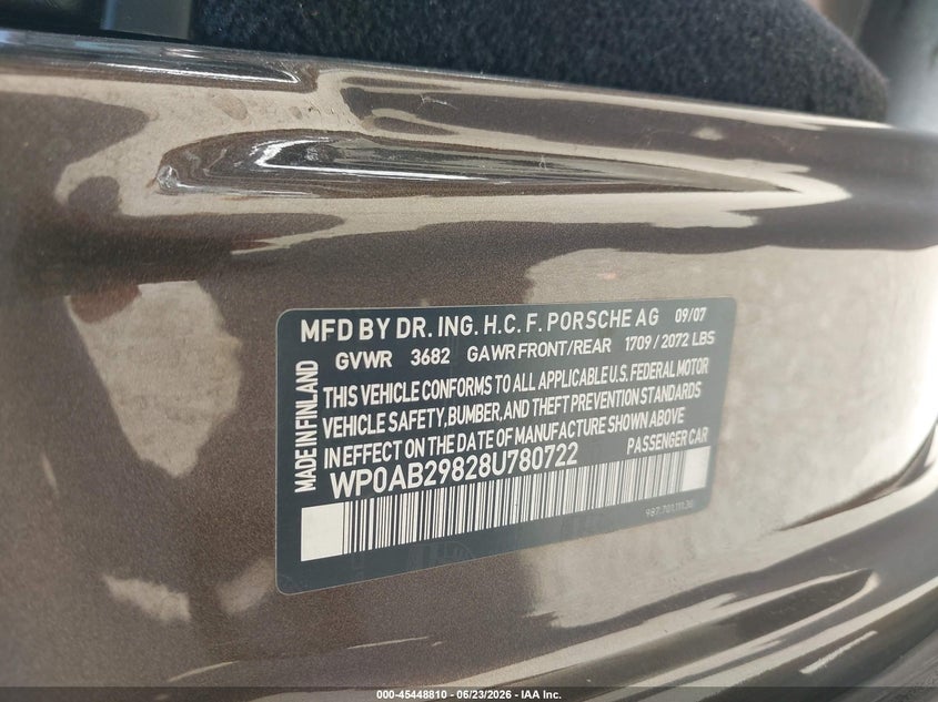 2008 Porsche Cayman VIN WP0AB29828U780722 IAAI salvage auction — LEFT FRONT, Salvage (California), sold $7,000 on 2026-07-29 (photo 9)