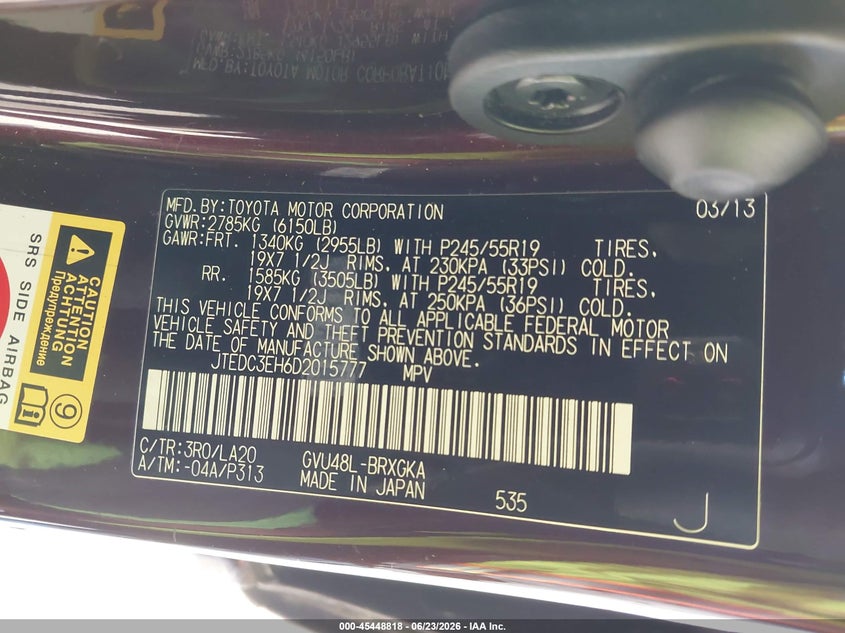 2013 Toyota Highlander VIN JTEDC3EH6D2015777 IAAI salvage auction — SIDE, Salvage Title, sold $1,050 on 2026-07-29 (photo 9)