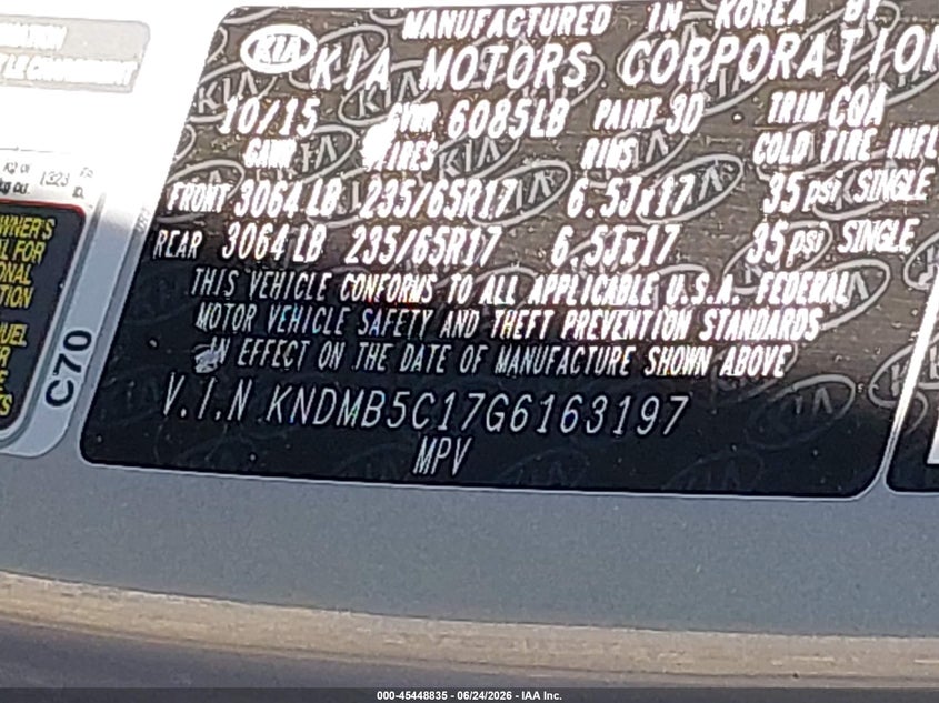 2016 Kia SEDONA VIN KNDMB5C17G6163197 IAAI salvage auction — NORMAL WEAR, Clear (Florida), sold $1,150 on 2026-07-21 (photo 9)
