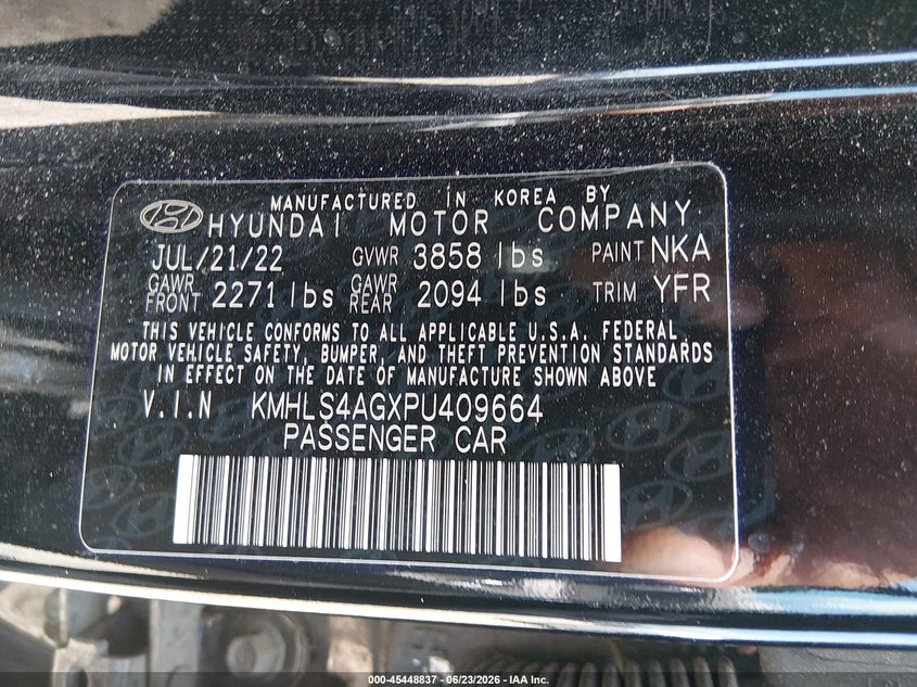 2023 Hyundai Elantra VIN KMHLS4AGXPU409664 IAAI salvage auction — STORM DAMAGE, Salvage (Illinois), sold $2,350 on 2026-07-29 (photo 9)