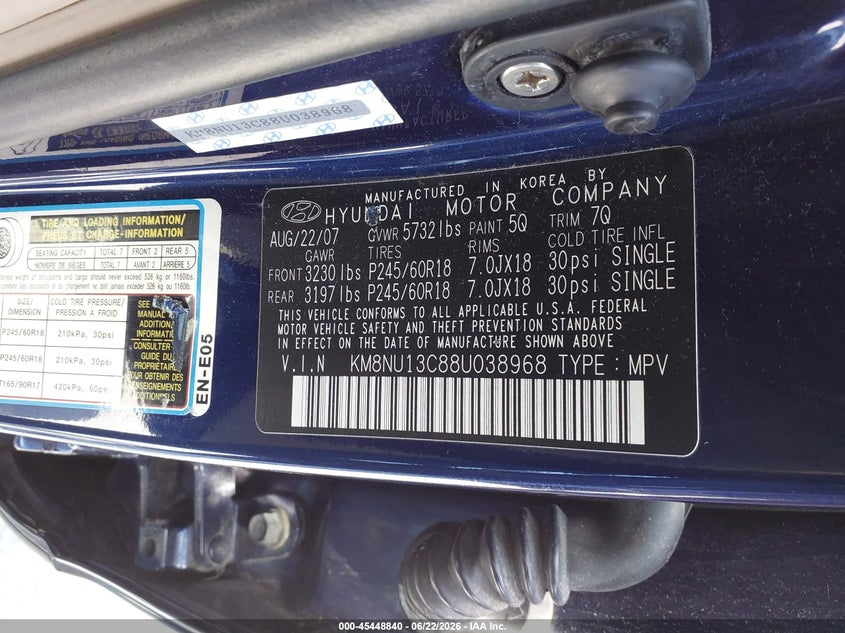 2008 Hyundai Veracruz VIN KM8NU13C88U038968 IAAI salvage auction — NORMAL WEAR, Clear (Illinois), sold $1,125 on 2026-07-27 (photo 9)