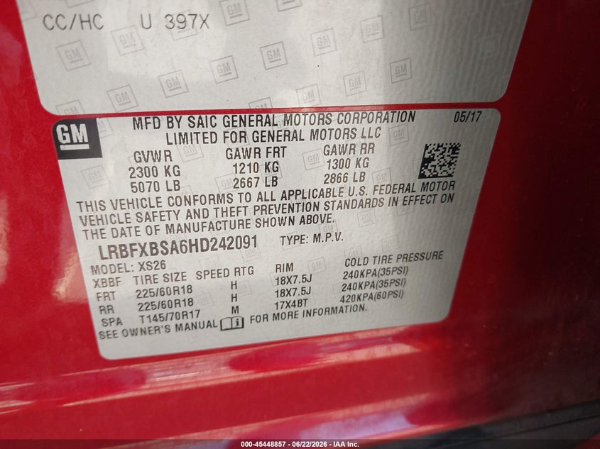 2017 Buick Envision VIN LRBFXBSA6HD242091 IAAI salvage auction — FRONT END, Salvage (California), sold $1,250 on 2026-07-14 (photo 9)