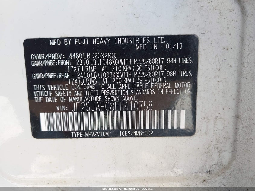 2014 Subaru Forester VIN JF2SJAHC8EH410758 IAAI salvage auction — REAR END, Bill Of Sale (Washington), sold $800 on 2026-07-12 (photo 9)