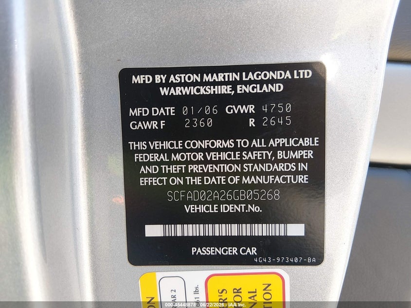 2006 Aston martin Db9 VIN SCFAD02A26GB05268 IAAI salvage auction — ELECTRICAL, Salvage (California), sold $18,050 on 2026-07-13 (photo 9)