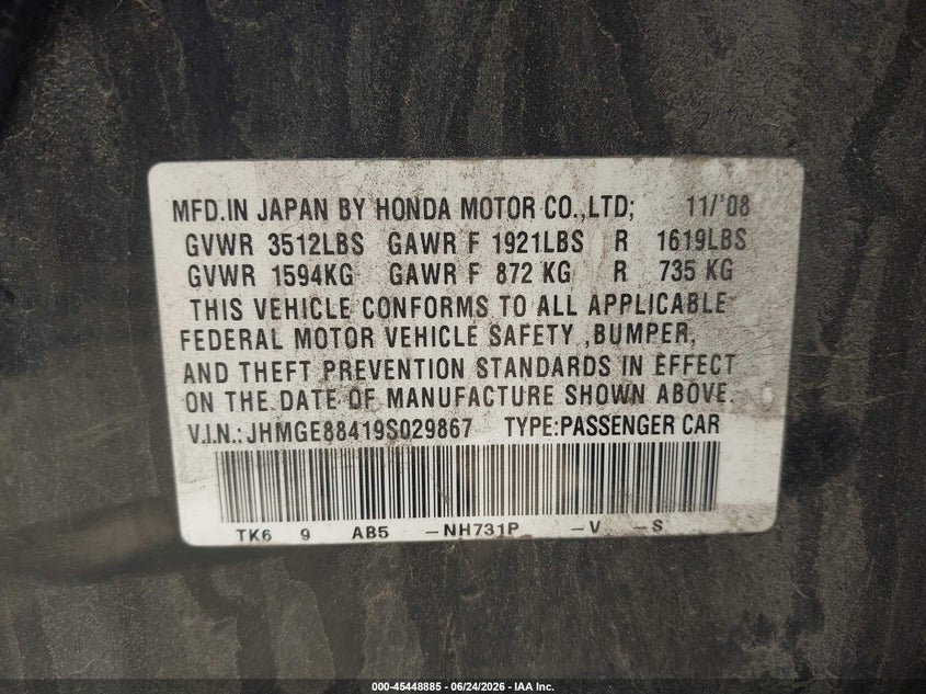 2009 Honda Fit VIN JHMGE88419S029867 IAAI salvage auction — NORMAL WEAR, Clear (Maryland), sold $1,100 on 2026-07-09 (photo 9)