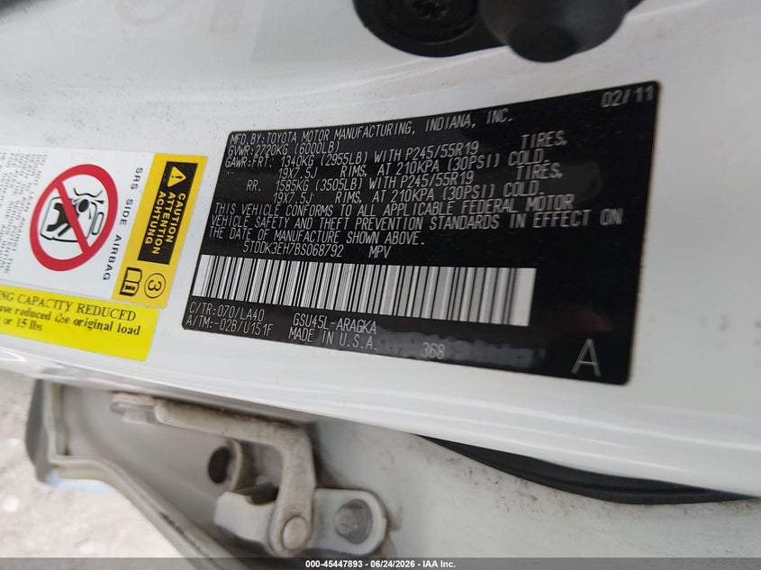 2011 Toyota Highlander VIN 5TDDK3EH7BS068792 IAAI salvage auction — FRONT END, Salvage (Texas), sold $2,800 on 2026-07-21 (photo 9)
