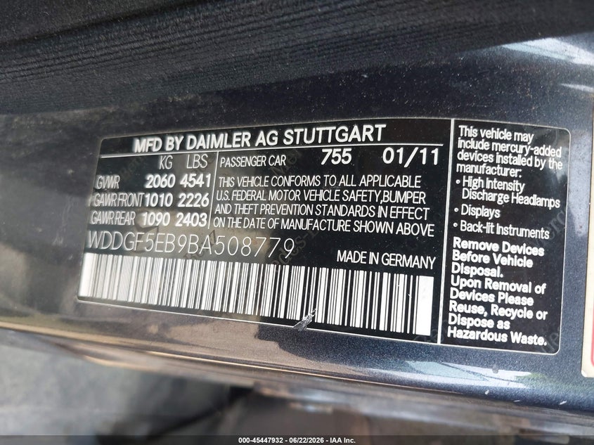 2011 Mercedes-benz C class VIN WDDGF5EB9BA508779 IAAI salvage auction — NORMAL WEAR, Clear (Maryland), sold $600 on 2026-07-08 (photo 9)