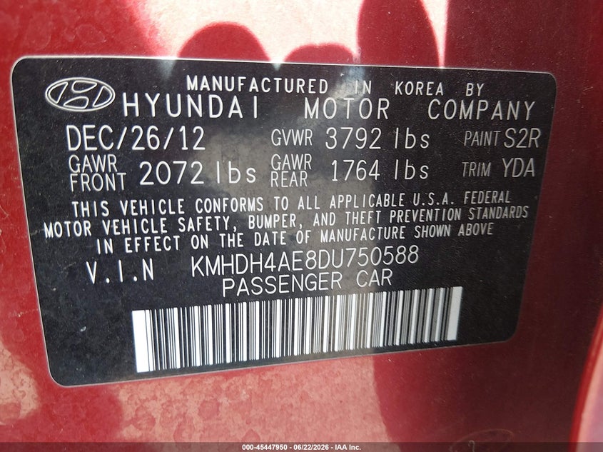 2013 Hyundai Elantra VIN KMHDH4AE8DU750588 IAAI salvage auction — ELECTRICAL, Clear (New Mexico), sold $750 on 2026-07-27 (photo 9)