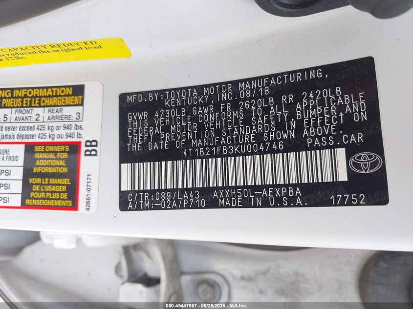 2019 Toyota Avalon VIN 4T1B21FB3KU004746 IAAI salvage auction — FRONT END, Original (Texas), sold $10,700 on 2026-08-21 (photo 9)
