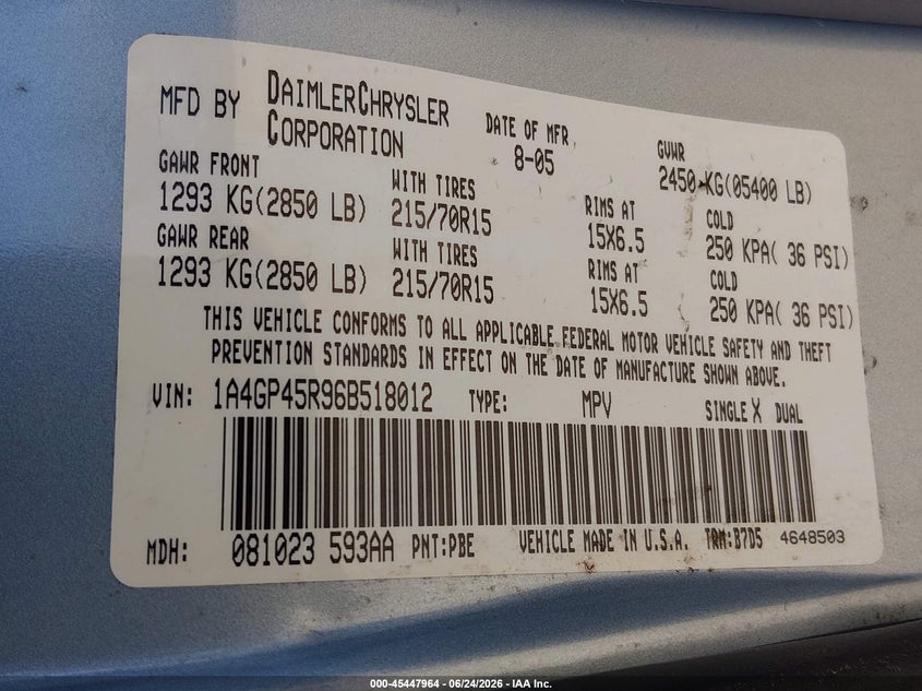 2006 Chrysler Town & country VIN 1A4GP45R96B518012 IAAI salvage auction — NORMAL WEAR, Clear (Washington), sold $325 on 2026-07-08 (photo 9)